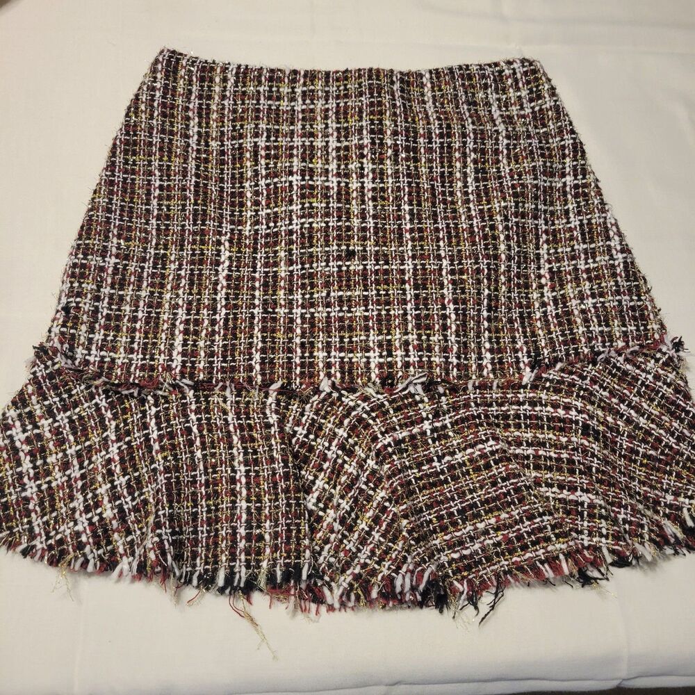 Mi ami Women's Multicolor Tweed Plaid Tiered Fringe Hem Mini Skirt Size M